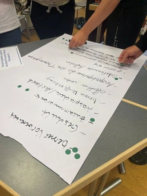 Hände beim gemeinsamen Beschriften eines Flipcharts